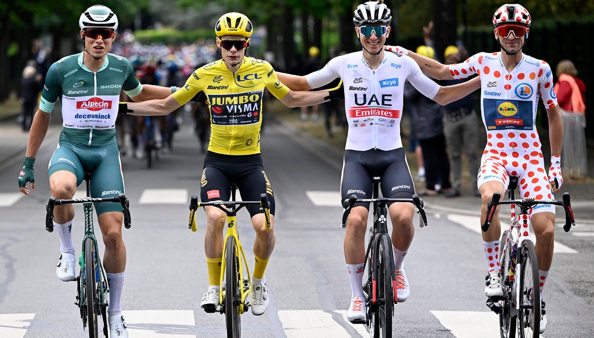 The 4 jerseys of the Tour de France Yellow, Polka dots, Green and