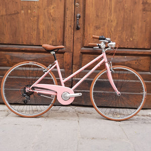 Bicicletta da donna nel colore rosa con cambio 6 velocità e linee pulite