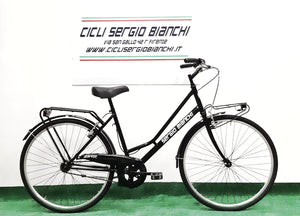 La classica bicicletta da donna per gli spostamenti in città , equipaggiata di parafanghi,portapacchi e portacestino .