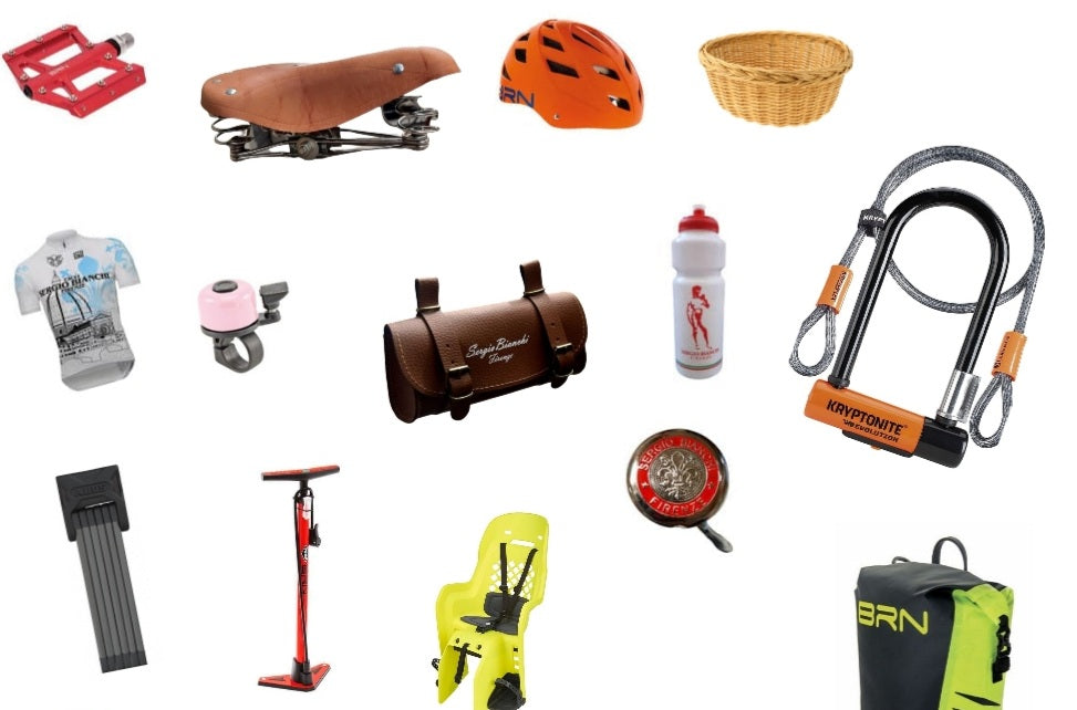Accessori bici : borse, lucchetti, cestini, borracce, campanelli, cestini, pompe e caschi