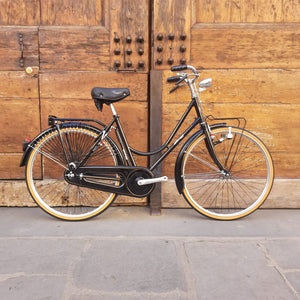 La classica bicicletta da donna con freni a bacchetta, impianto luce con dinamo, parafanghi con costola inox .